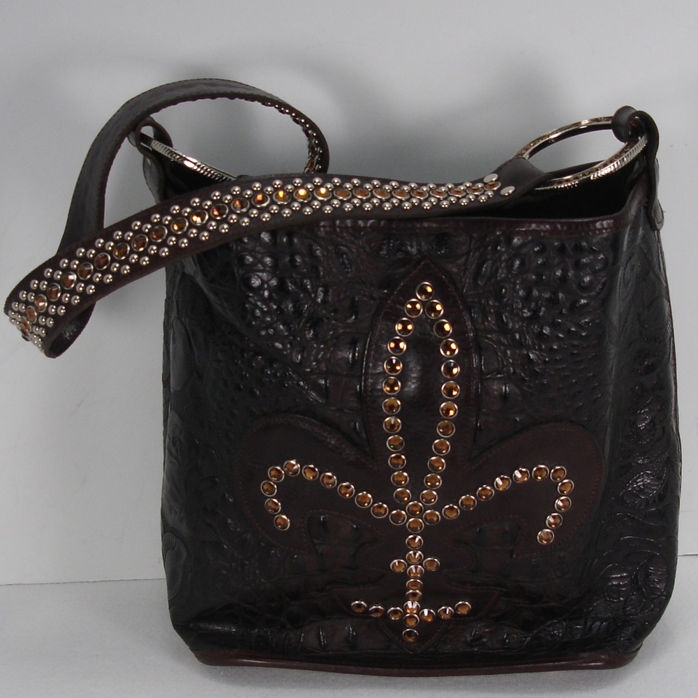 RAVIANI BROWN CROC MOC TOOLED LEATHER STUDS BAG
